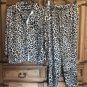 Victoria secret leopard pajamas top buttons,pants have elastic and tie size L